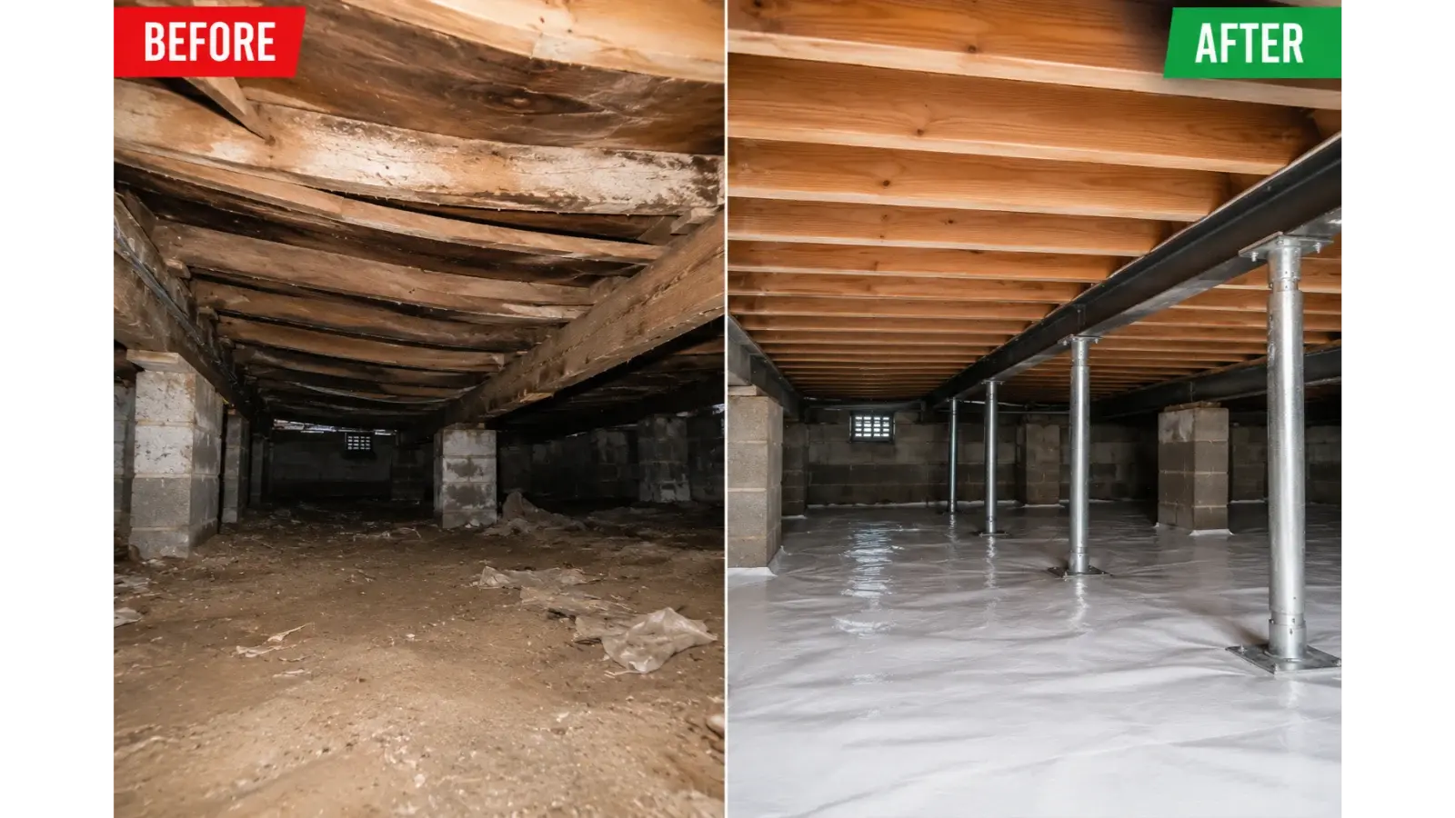 Sagging, water-damaged crawl space support beam repaired and reinforced with steel jack posts in Charleston