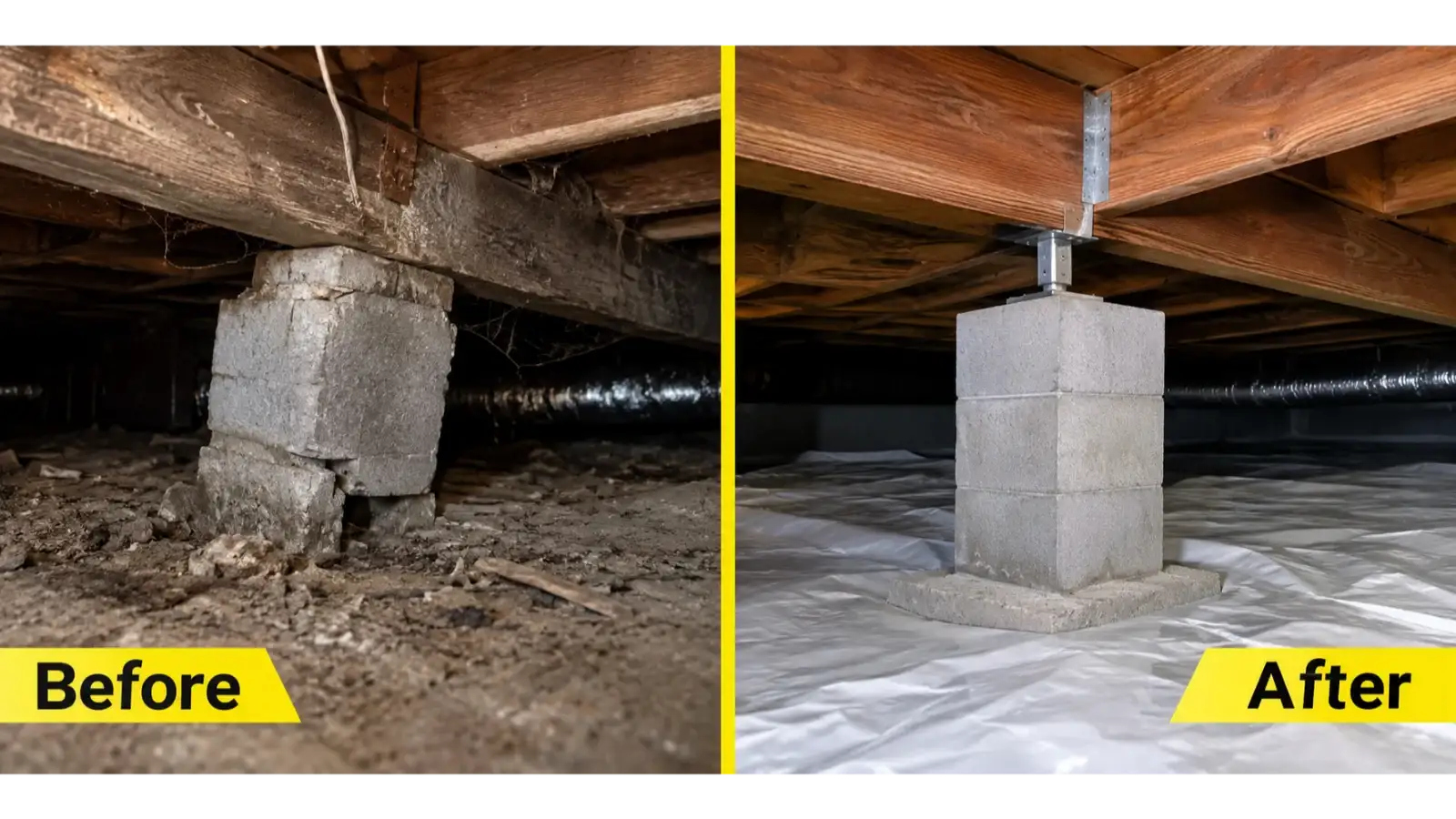 Cracked and crumbling concrete crawl space pier replaced with a solid, properly supported pier
