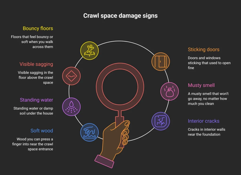 Crawl space damage signs including bouncy floors, standing water, soft wood, sagging floors, sticking doors, musty odors, and interior cracks