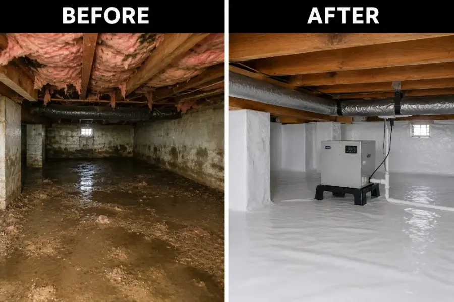 Before and after crawl space dehumidifier installation in a flooded Charleston, SC home