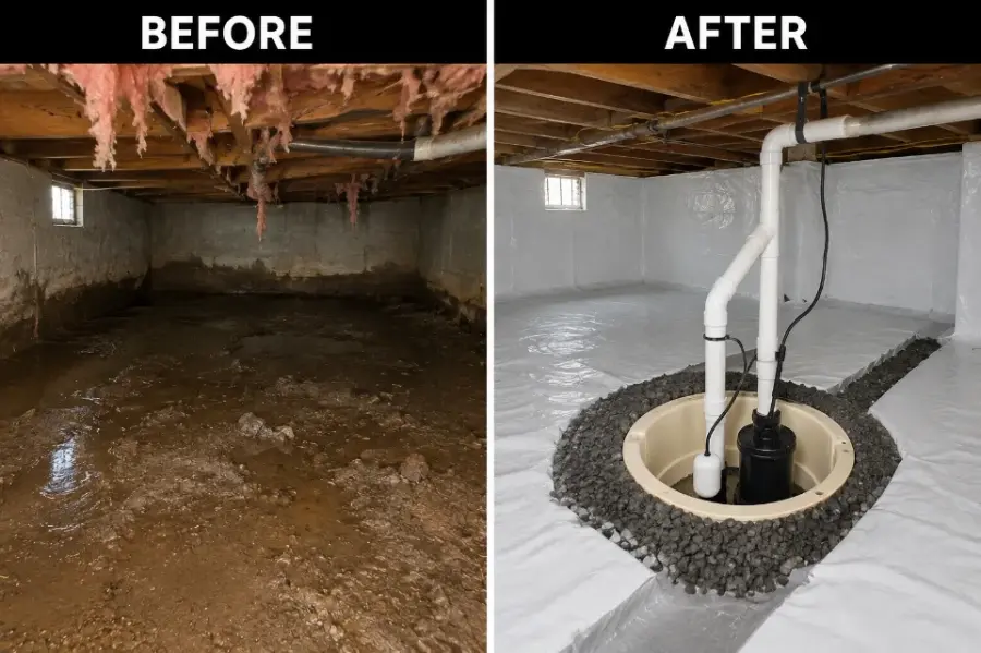 Before and after crawl space drainage and sump pump installation in a flooded Charleston, SC home