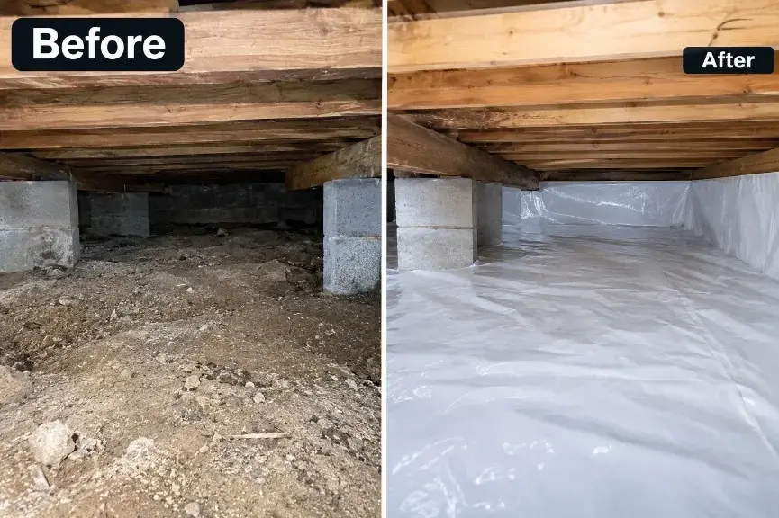 Before and after crawl space encapsulation in a Charleston, SC home showing exposed dirt floor sealed with a vapor barrier