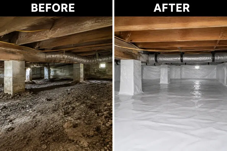 Before and after crawl space encapsulation in a Charleston, SC home with support piers wrapped in vapor barrier