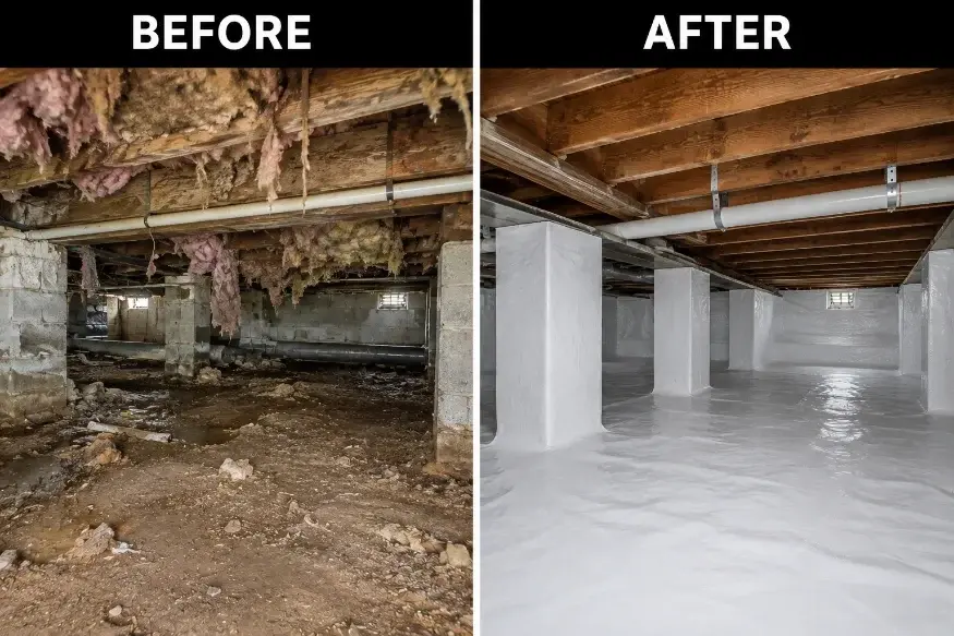Before and after crawl space encapsulation in a Charleston, SC home with damaged insulation removed and piers wrapped