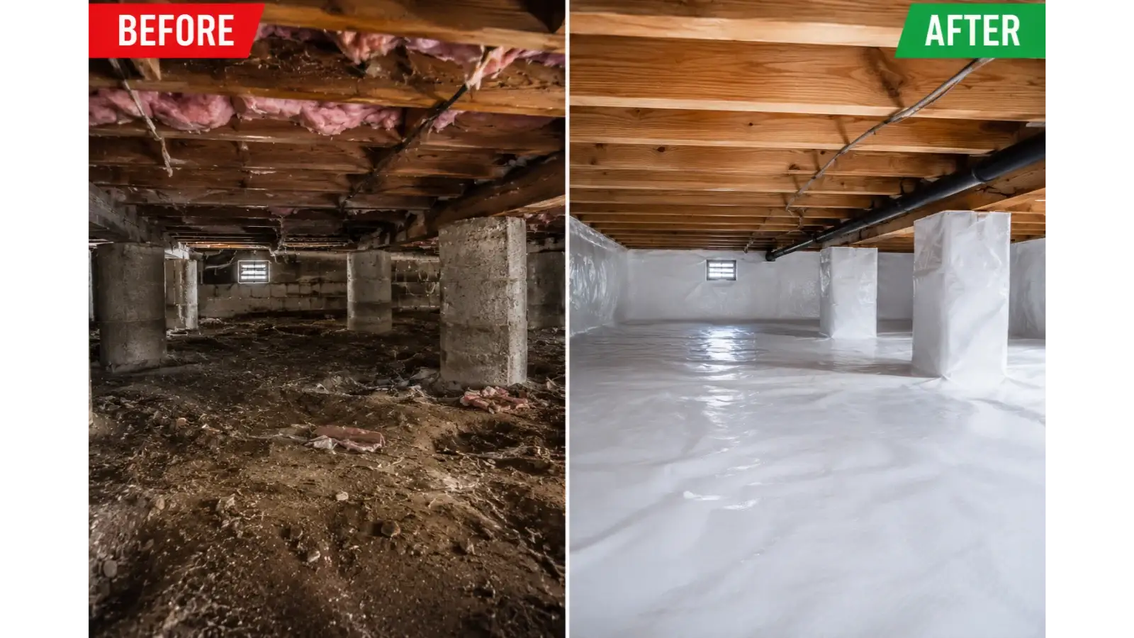 Dirty crawl space with damaged insulation transformed into a clean encapsulated crawl space in Charleston