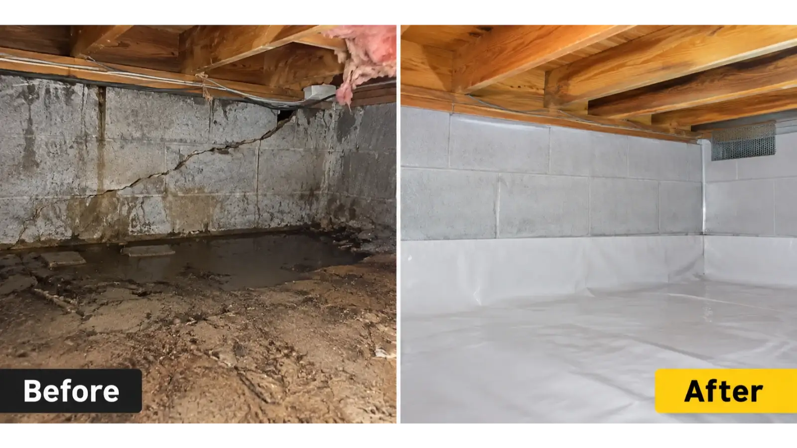 Cracked, water-stained crawl space foundation wall sealed and encapsulated in a Charleston home