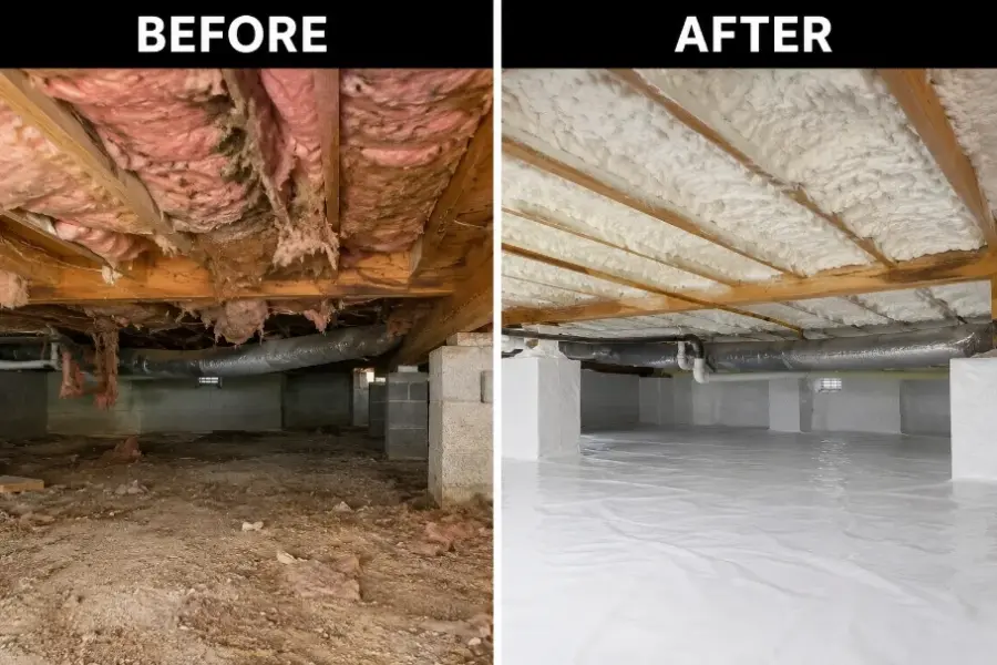 Before and after crawl space insulation replacement in a Charleston, SC home, damaged fiberglass replaced with spray foam