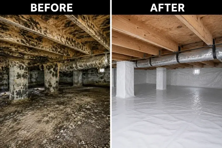 Before and after crawl space mold remediation in a Charleston, SC home with heavy mold on joists