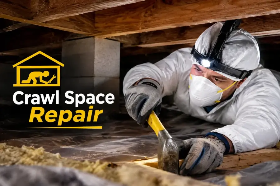 Crawl space repair contractor repairing structural damage in a Charleston, SC home
