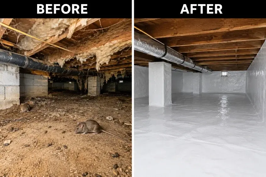 Before and after crawl space rodent cleanout in a Charleston, SC home with rats visible before encapsulation