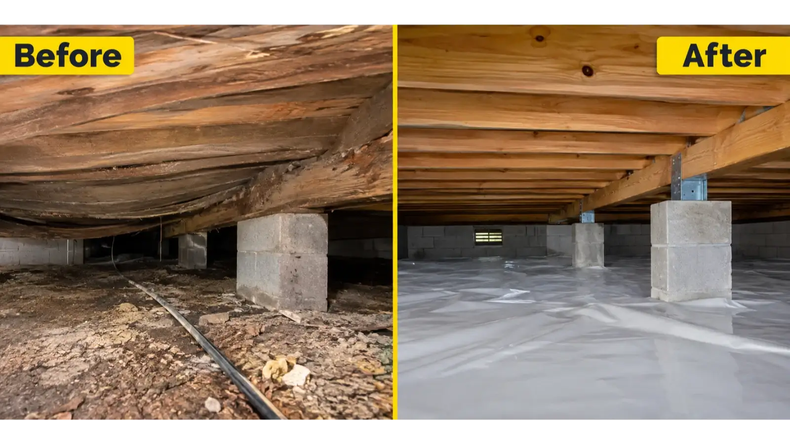 Severely rotted, warped crawl space support beam repaired and reinforced in a Charleston home
