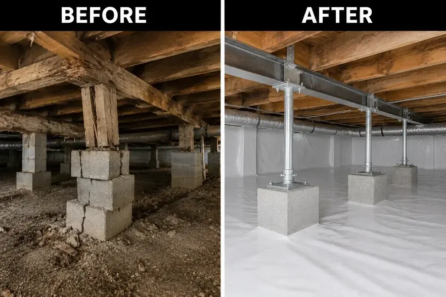 Before and after crawl space structural repair in a Charleston, SC home with damaged wood support piers replaced