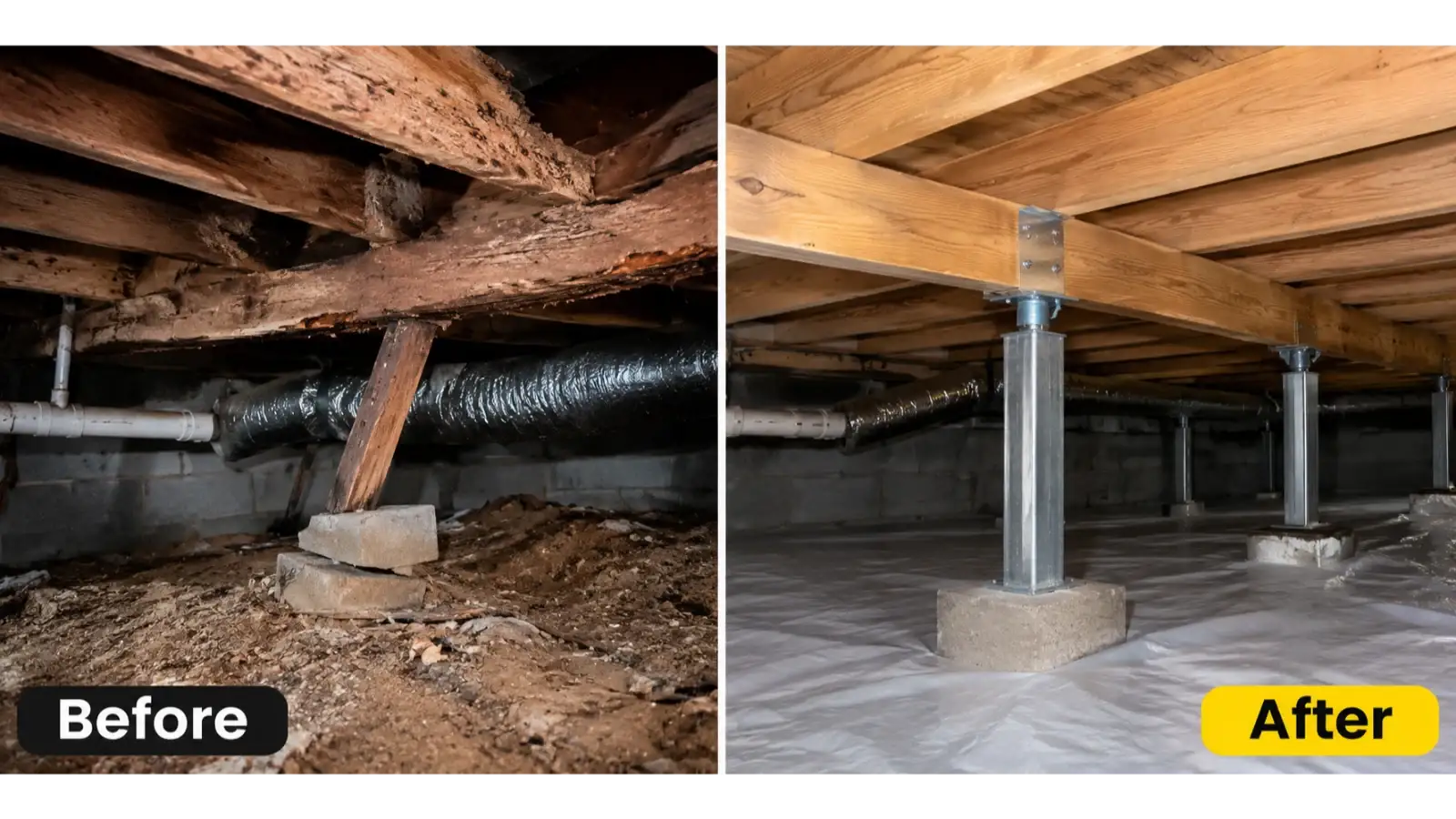Makeshift wood support under damaged crawl space joists replaced with a proper adjustable steel jack post