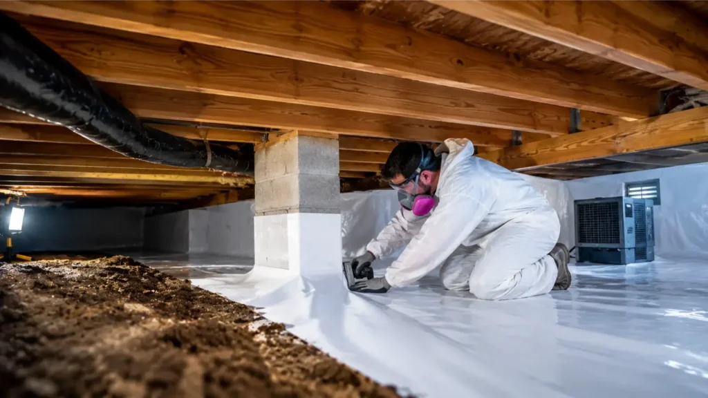 Crawl Space Vapor Barrier Installation Charleston by CrawlSpace Wardens technician installing and sealing a durable vapor barrier.