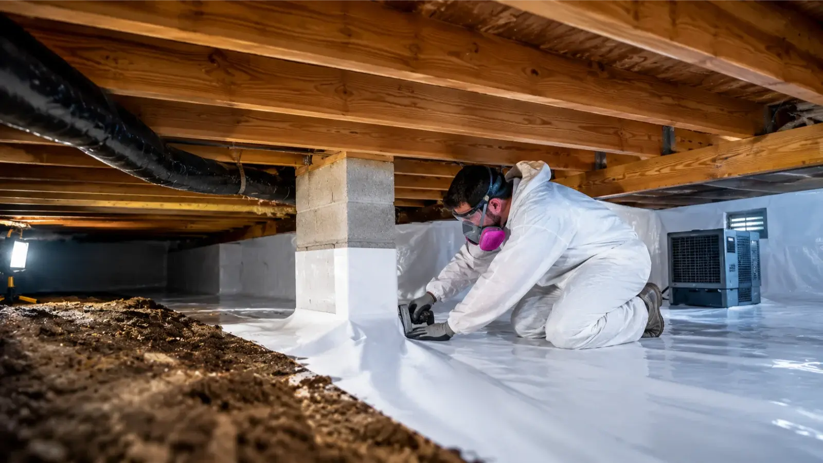 CrawlSpace Wardens technician installing and sealing vapor barrier in a Charleston crawl space