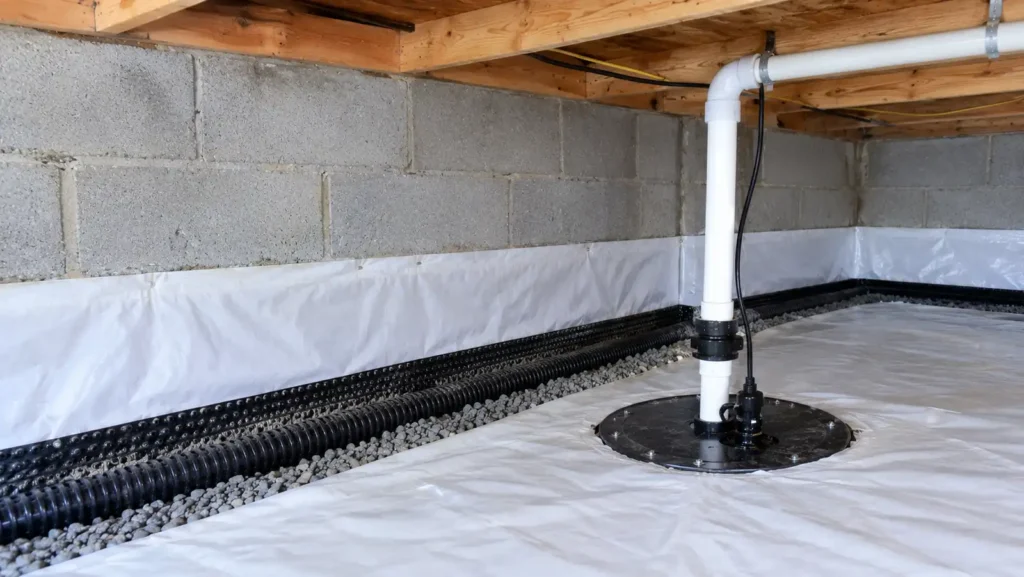 Sump pump basin and perimeter French drain installed along a sealed crawl space foundation wall in a Charleston, SC home