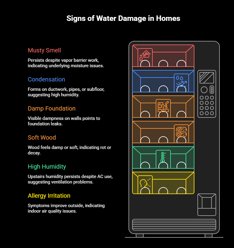 Infographic showing common signs of water damage and moisture problems in homes