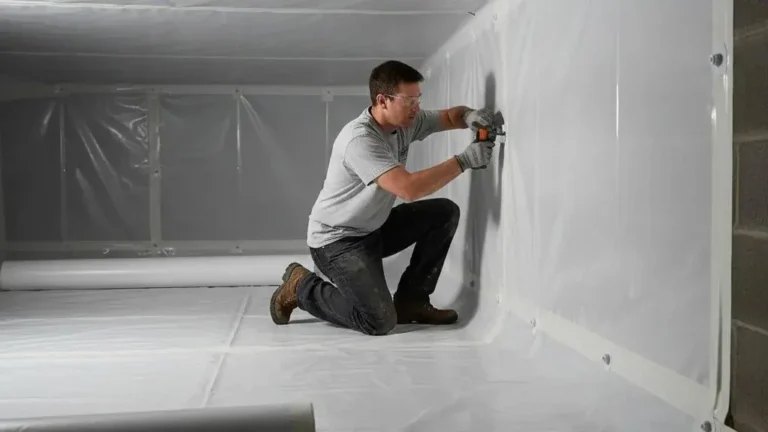Technician kneeling in a crawl space and fastening a white vapor barrier liner to the foundation wall