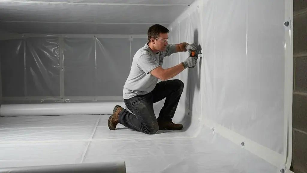 Technician kneeling in a crawl space and fastening a white vapor barrier liner to the foundation wall