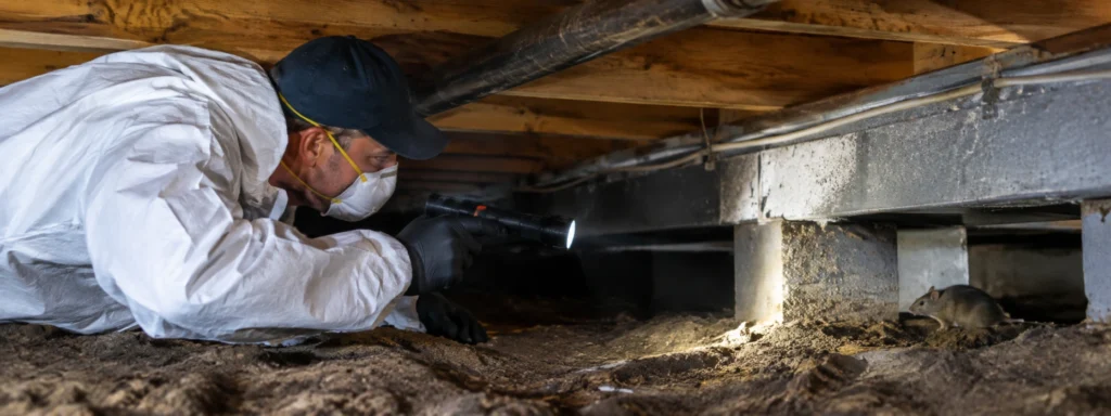 Pest control technician inspecting a crawl space for rodents beneath a home in Charleston, South Carolina.
