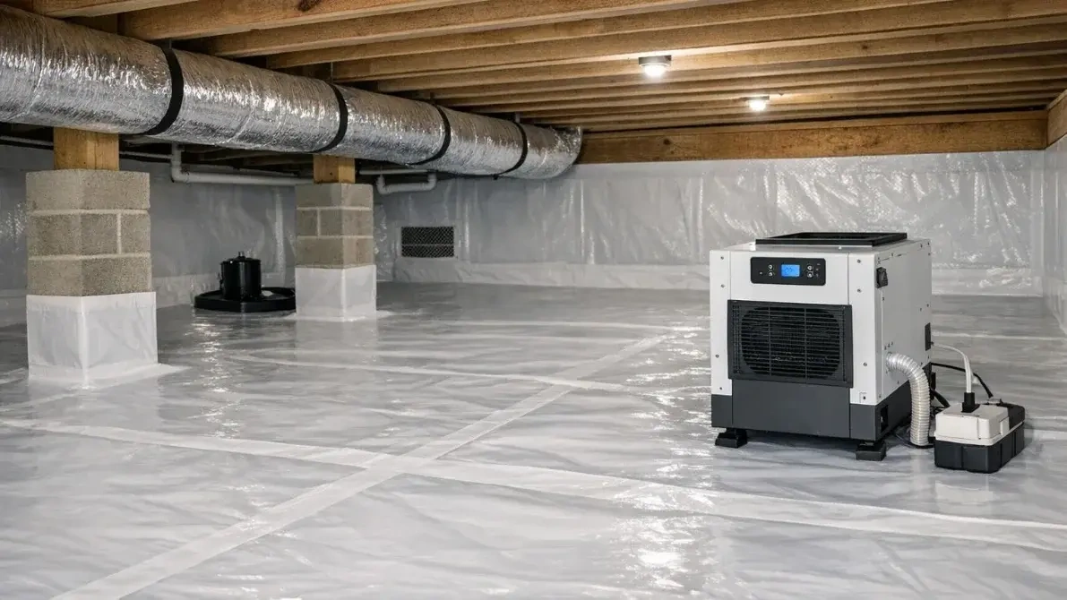 Crawl space dehumidifier standing on a sealed white vapor barrier floor beneath insulated ductwork