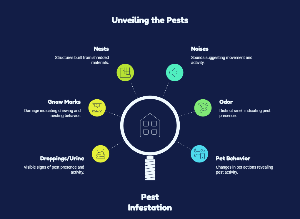 Infographic showing six signs of crawl space pest infestation in Charleston, SC, including nests, noises, gnaw marks, odors, droppings, and changes in pet behavior.