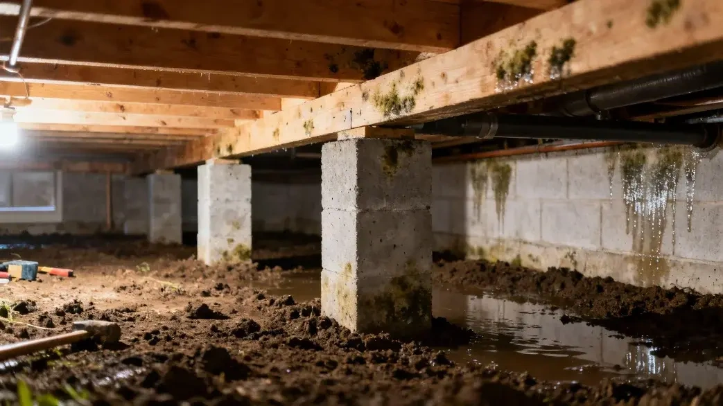 Damp crawl space before encapsulation, with mold on the wood joists, standing water on the dirt floor and block piers