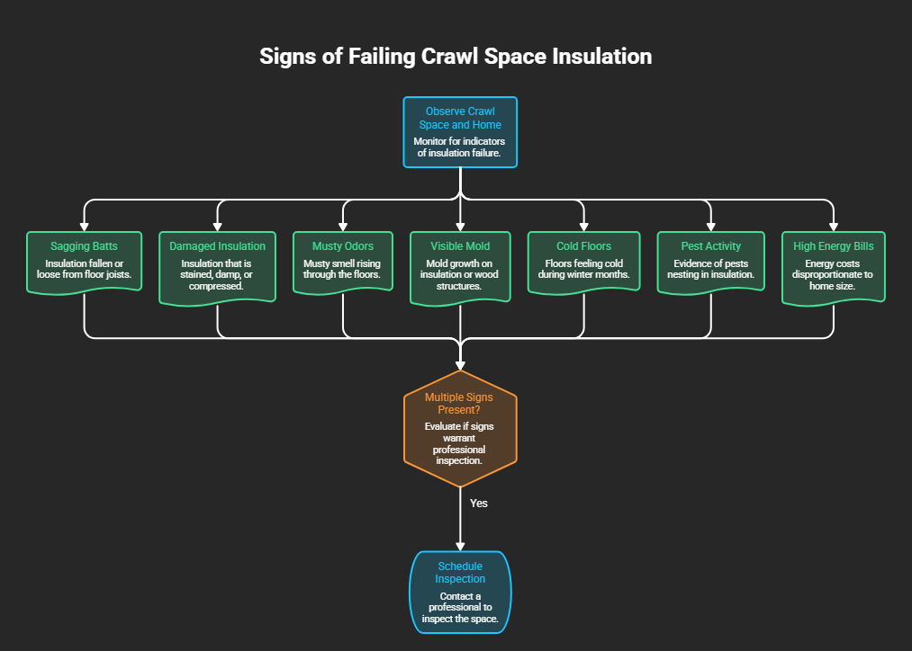 Infographic showing seven signs of failing crawl space insulation, including sagging batts, damaged insulation, musty odors, visible mold, cold floors, pest activity, and high energy bills.